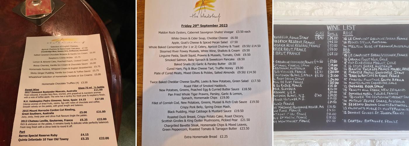 The Wheatsheaf Menu