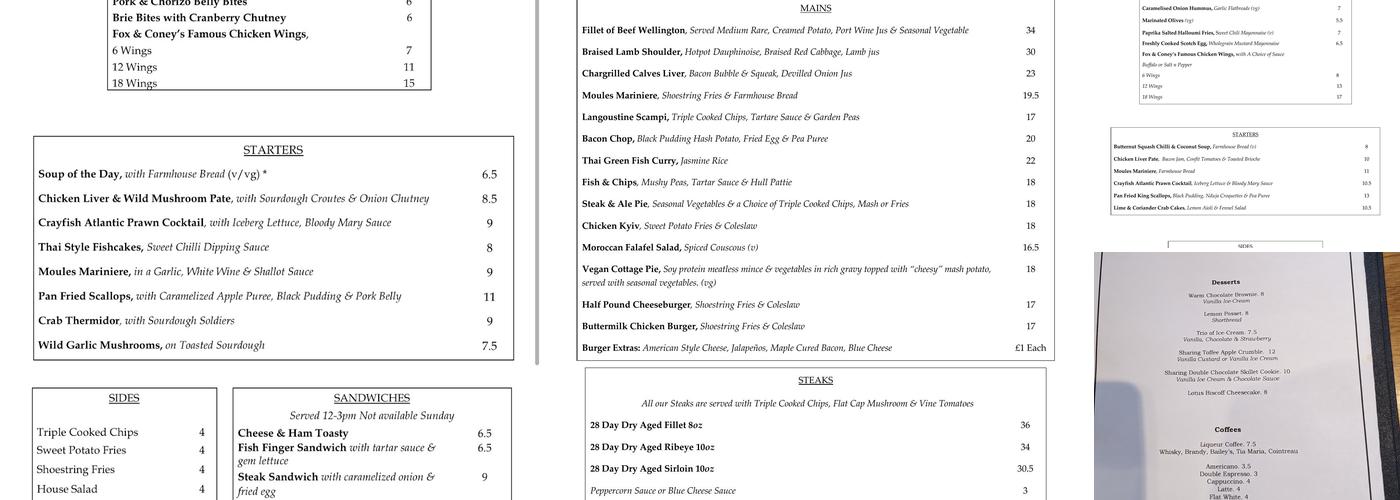 The Fox and Coney Inn Menu