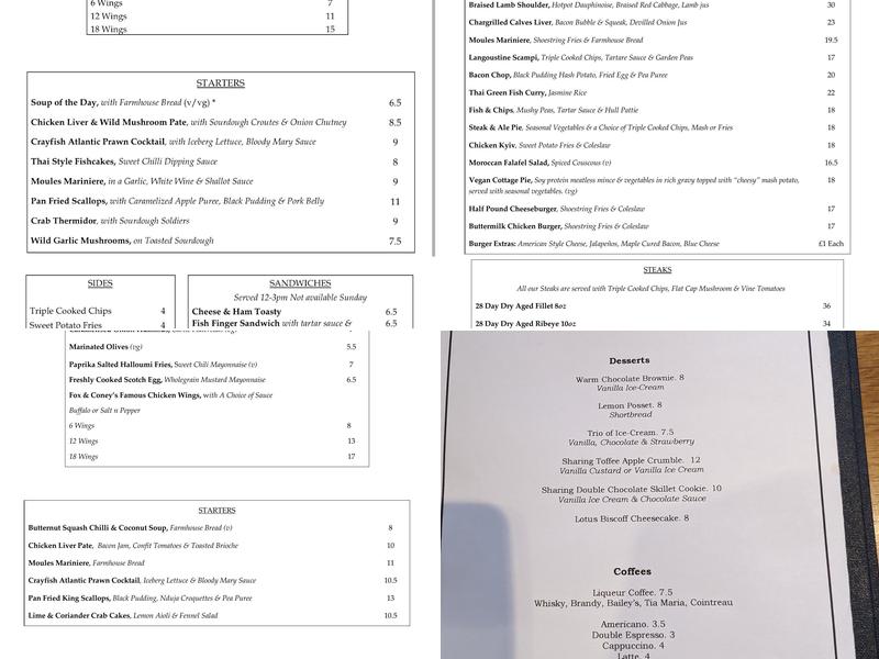 The Fox and Coney Inn Menu