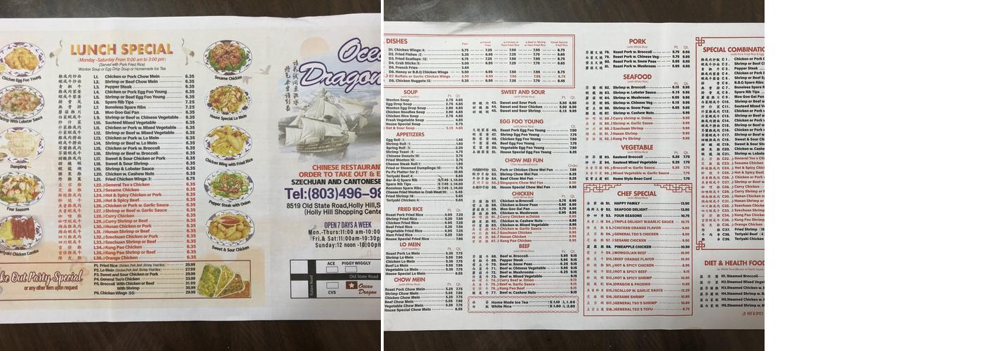 Ocean Dragon Menu