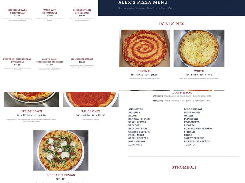 Alex's Pizza Menu