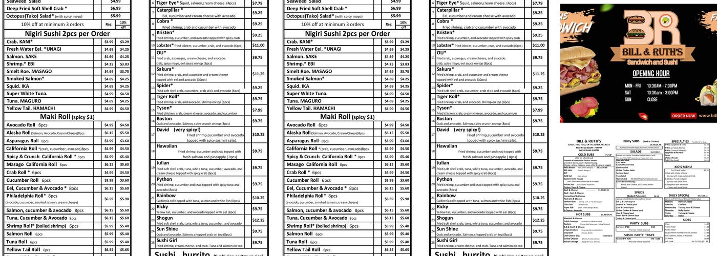Bill & Ruth's Sandwich and Sushi Menu