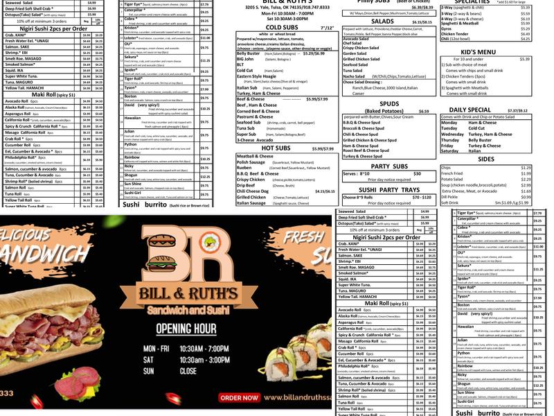 Bill & Ruth's Sandwich and Sushi Menu