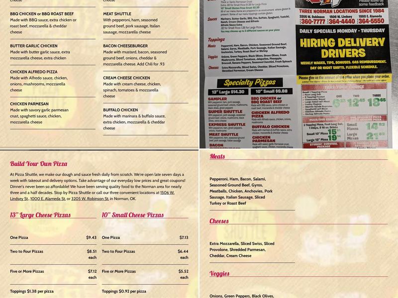 Pizza Shuttle Menu