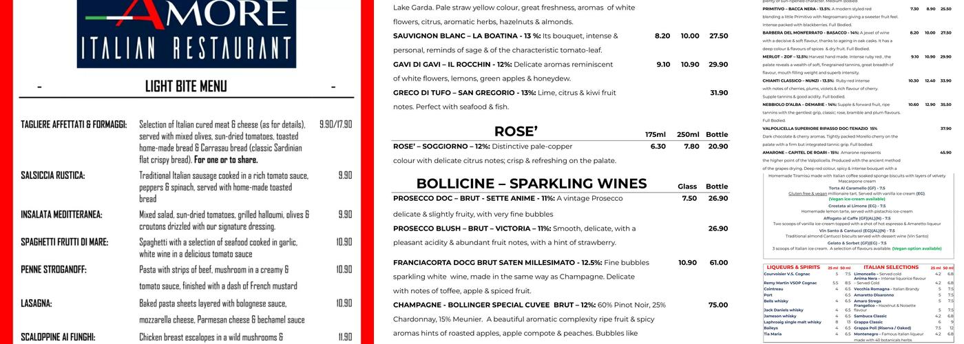 Amore Restaurant Menu