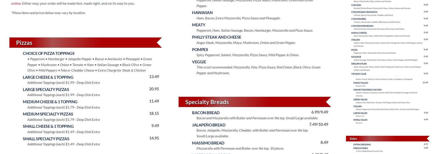 Tiffany's Pizza Menu