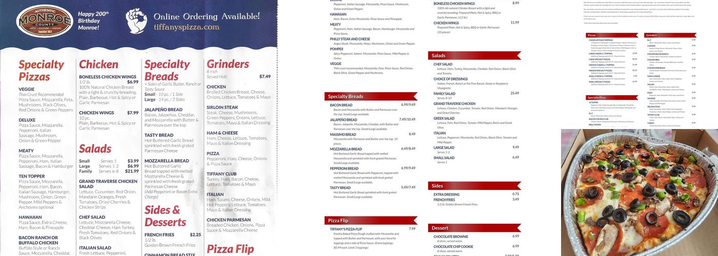 Tiffany's Pizza Menu