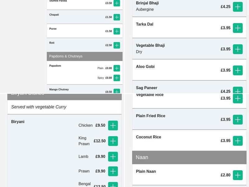 Bengal Tandoori Menu