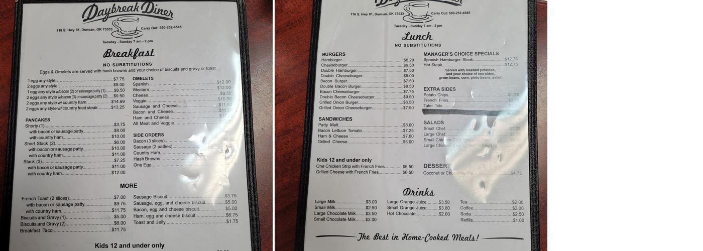 Daybreak Diner Menu