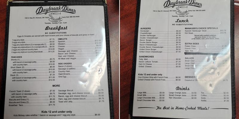 Daybreak Diner Menu