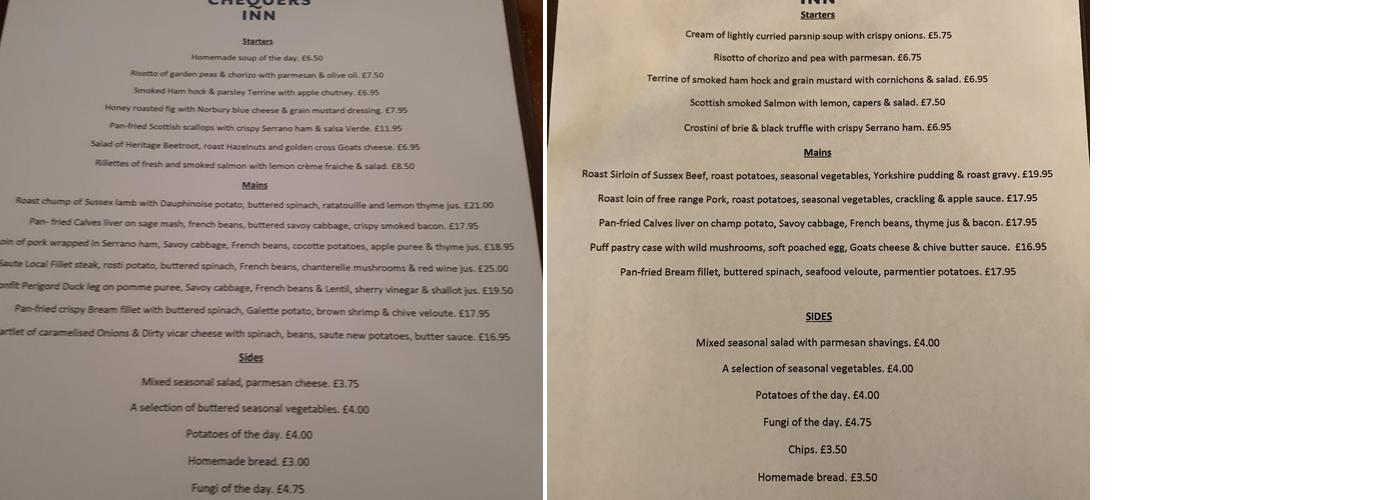 The chequers Inn Menu