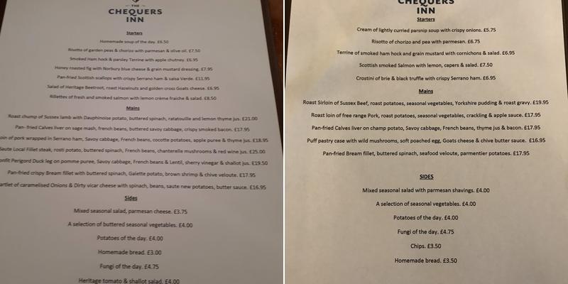The chequers Inn Menu