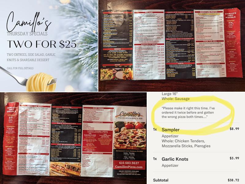 Camillos Italian Restaurant, Pizzeria & Bar Menu
