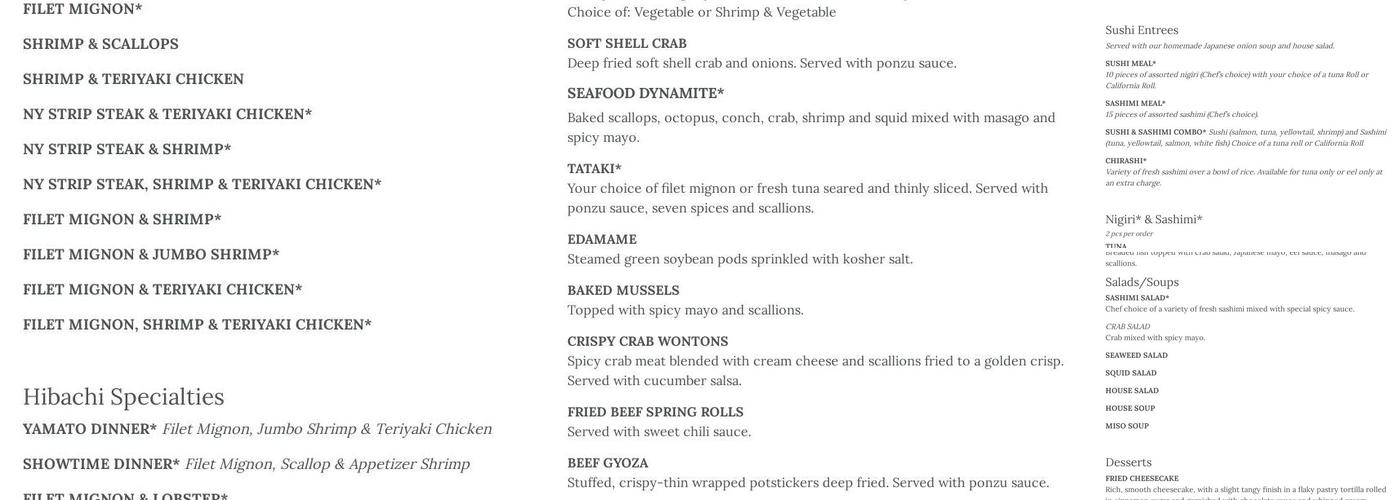 Yamato Japanese Steakhouse and Sushi Bar Menu