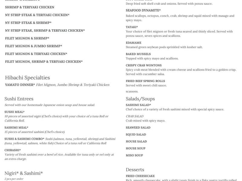 Yamato Japanese Steakhouse and Sushi Bar Menu