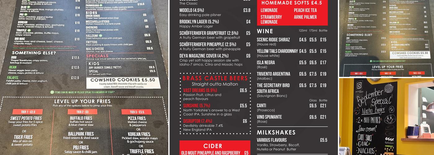 Cowshed Burgers Menu