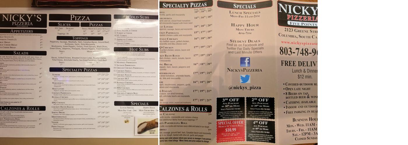 Nicky's Pizzeria Five Points Menu