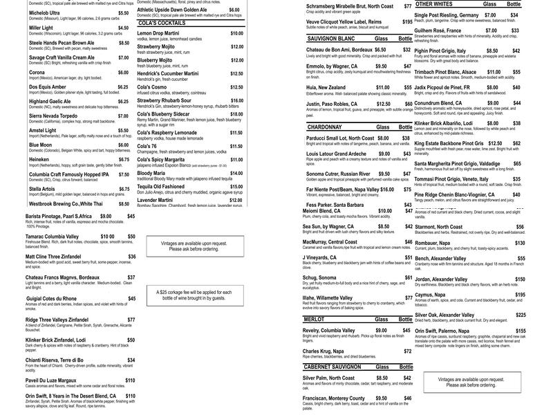 Cola's Restaurant Menu