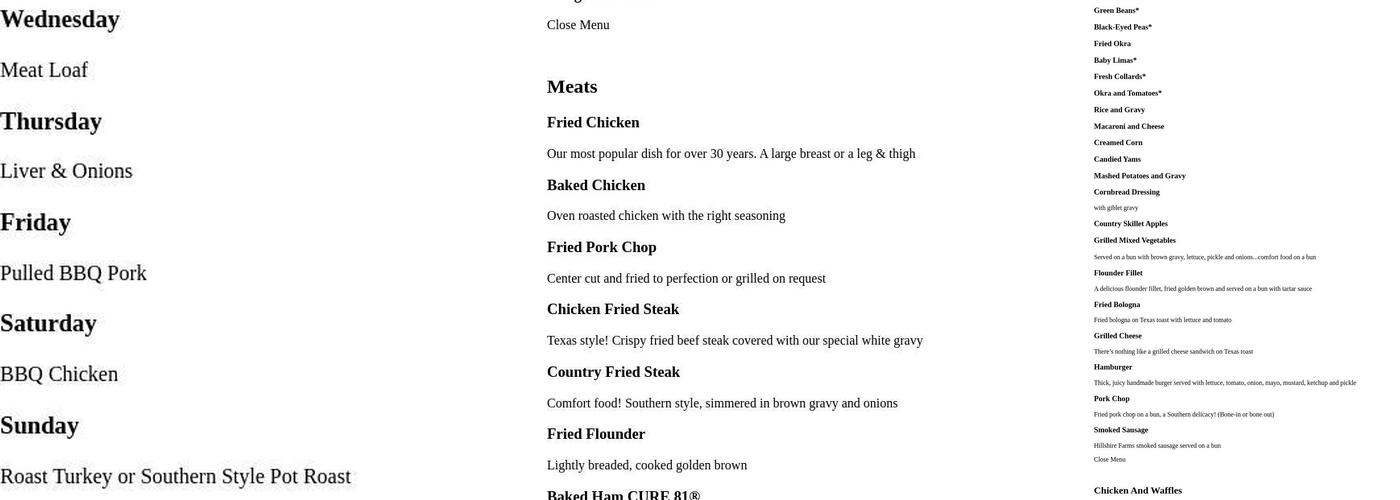 Lizard's Thicket Restaurant Menu