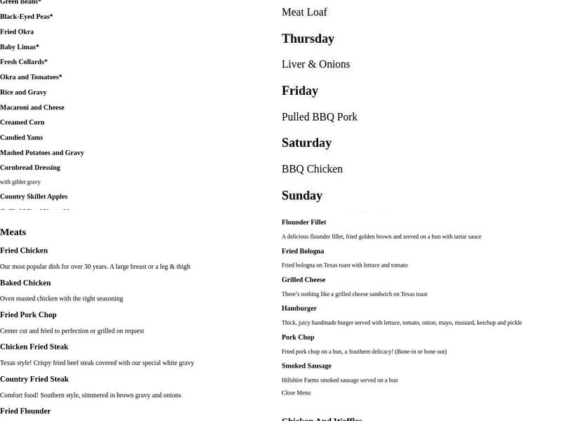 Lizard's Thicket Restaurant Menu