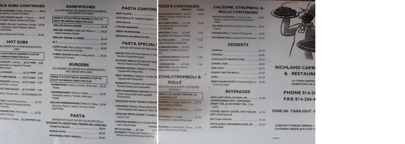 Capri Pizza Menu