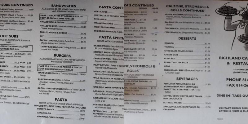 Capri Pizza Menu
