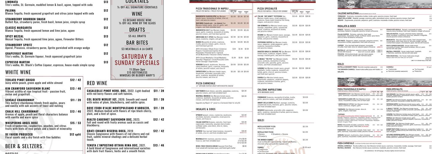 DeSano Pizza Bakery Menu