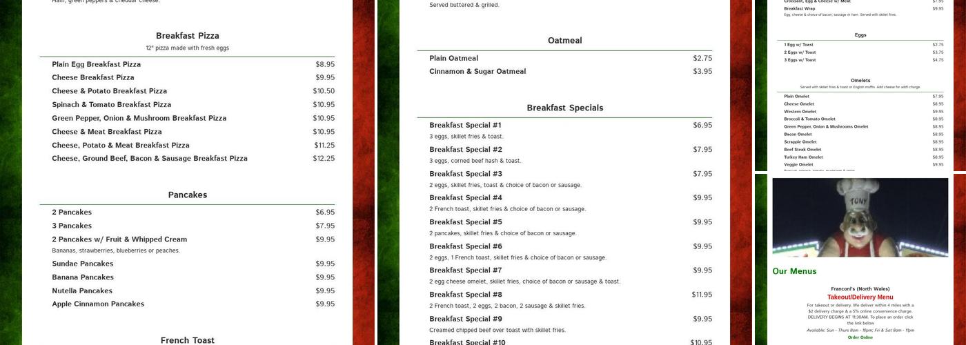 Franconis Pizza Menu