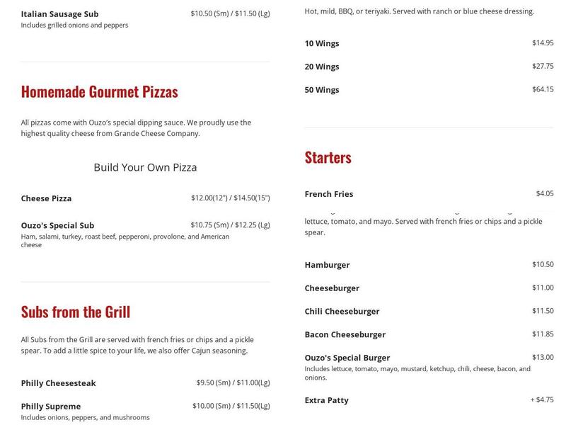 Ouzo's Pizza Menu