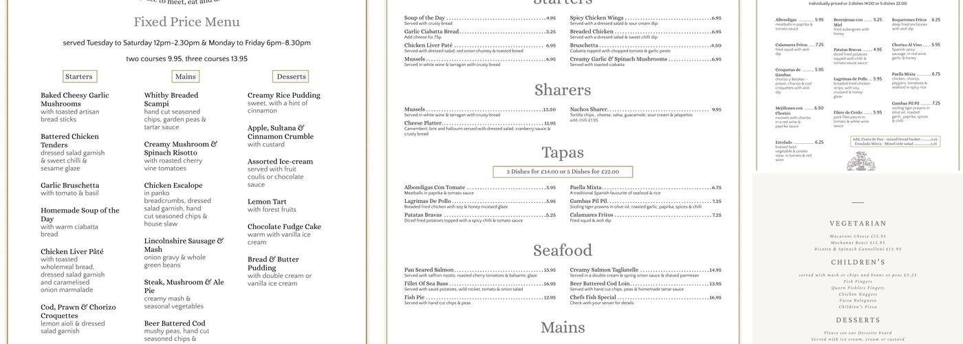 Fortescue Arms, Billingborough Menu