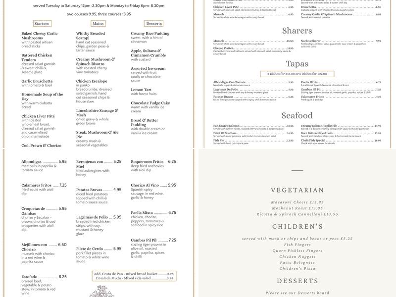 Fortescue Arms, Billingborough Menu