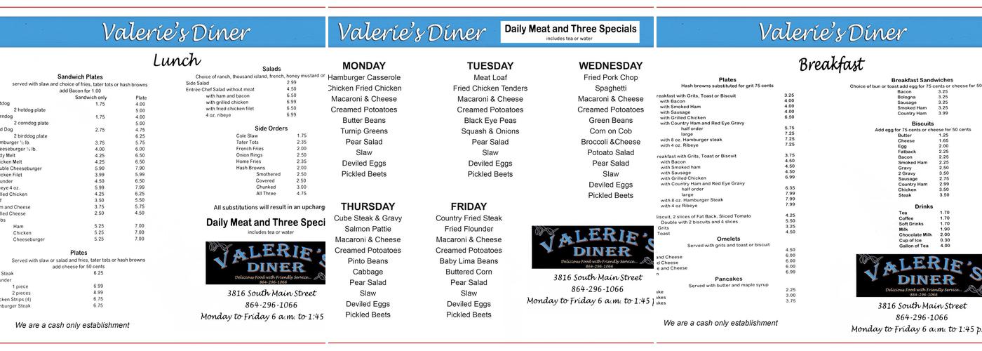 Valerie's Diner Menu