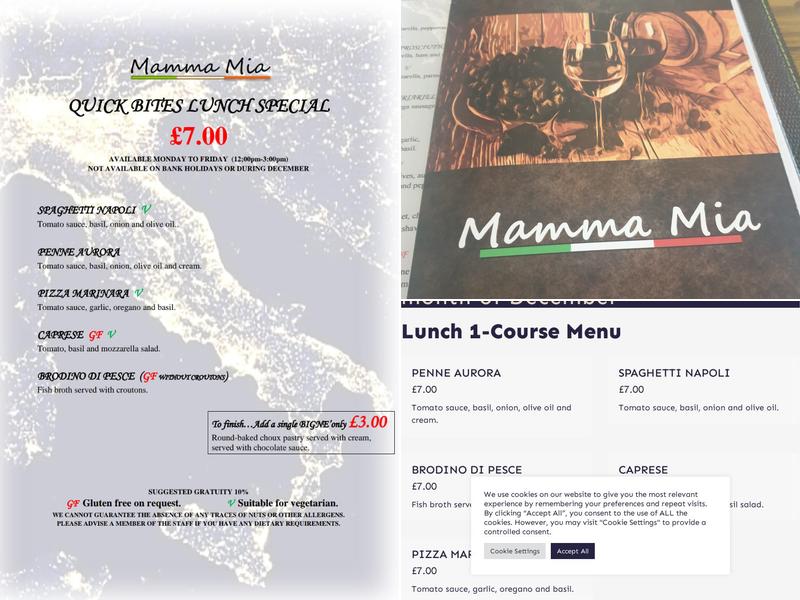 Mamma Mia Italian Restaurant Menu