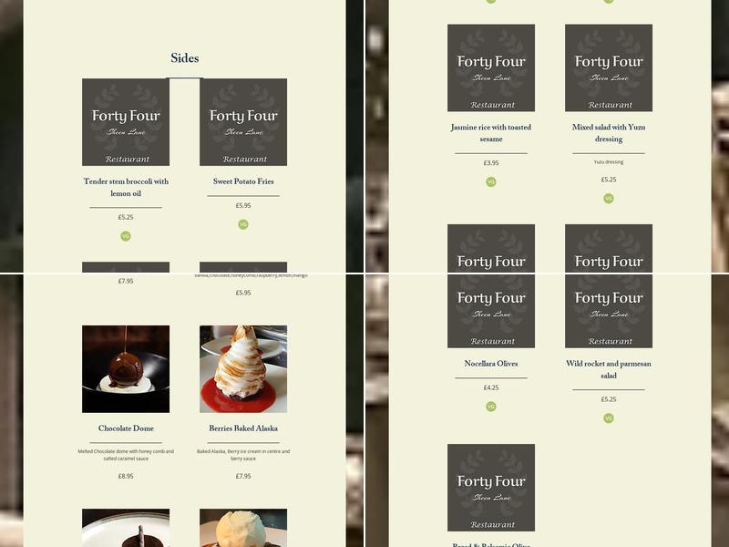 Forty Four Sheen Lane Restaurant Menu