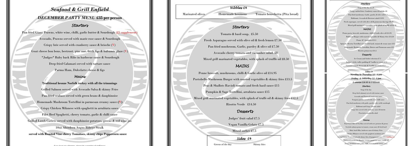 Judges Restaurant Enfield Menu