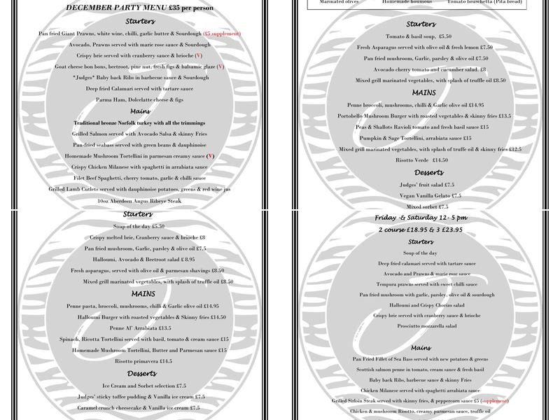 Judges Restaurant Enfield Menu