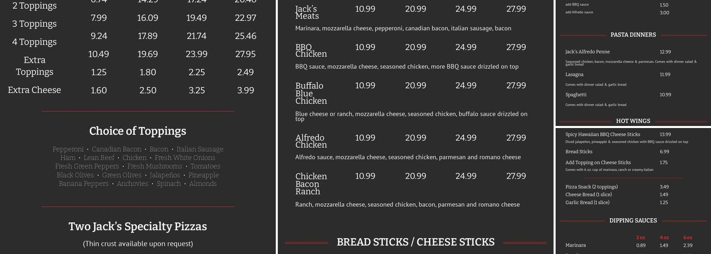 Two Jack's Pizza Menu