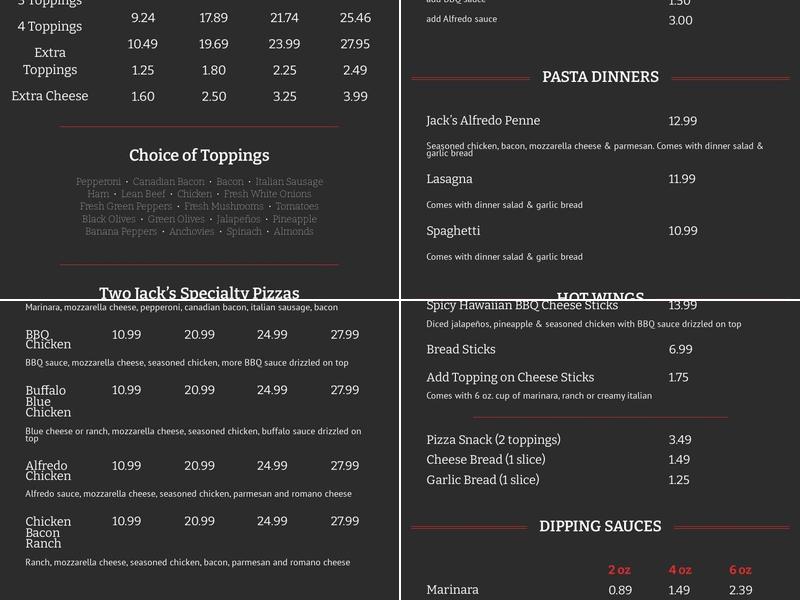 Two Jack's Pizza Menu