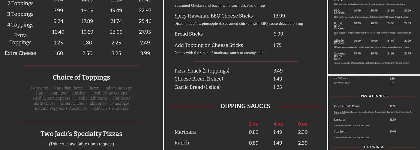 Two Jack's Pizza Menu