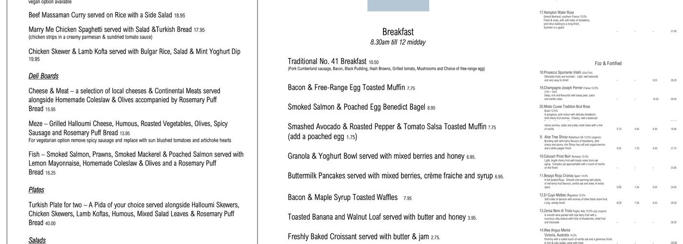 No. 41 Coffee - Kitchen - Bar Menu