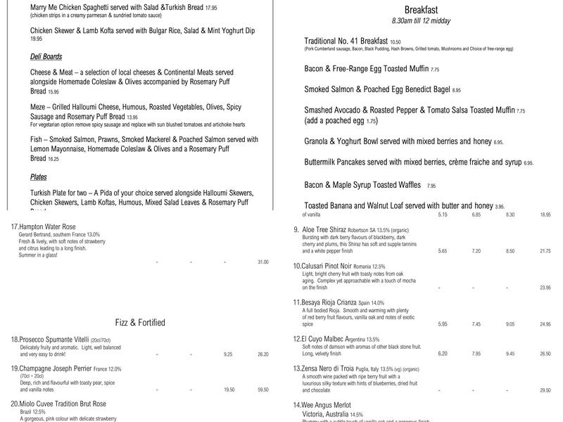 No. 41 Coffee - Kitchen - Bar Menu