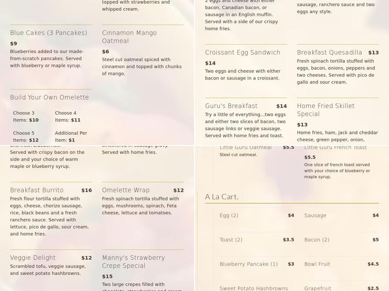 Guru's Cafe Menu