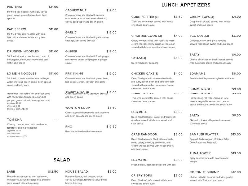 Thai Valley Kitchen Menu