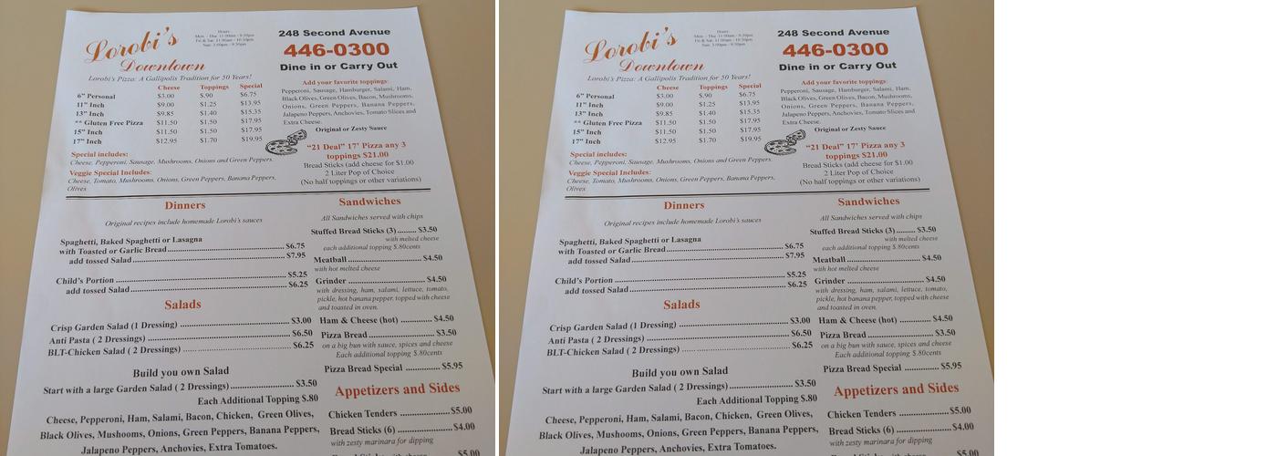 Lorobi's Pizza Menu
