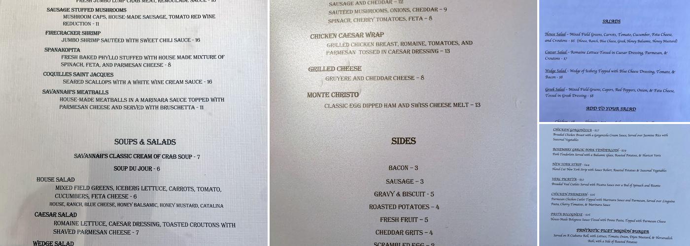 Savannah's Bistro Menu
