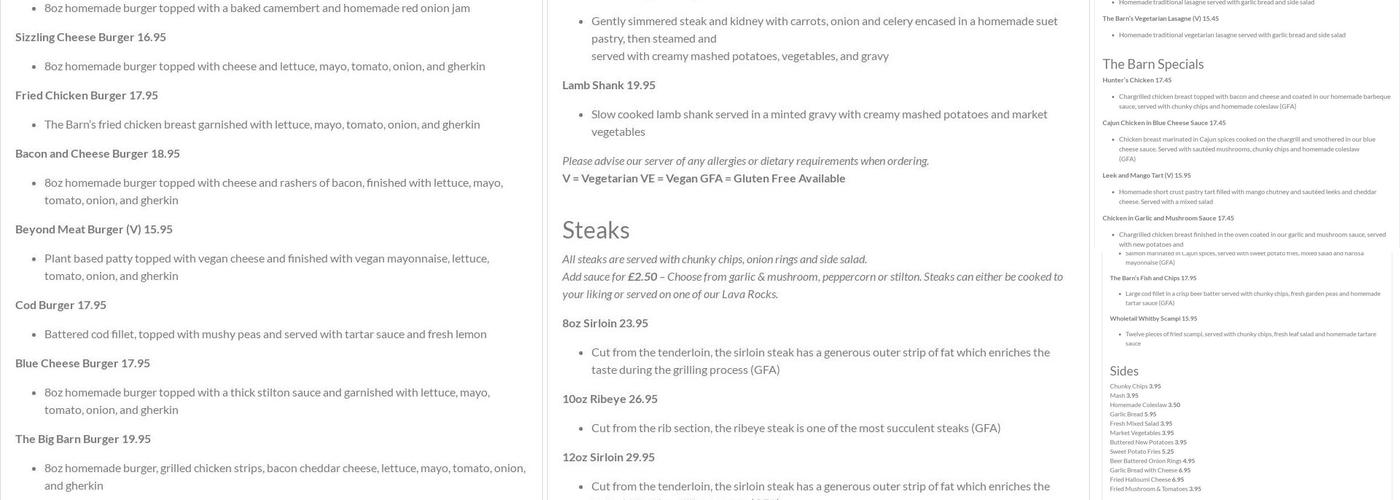 The Barn Restaurant Menu