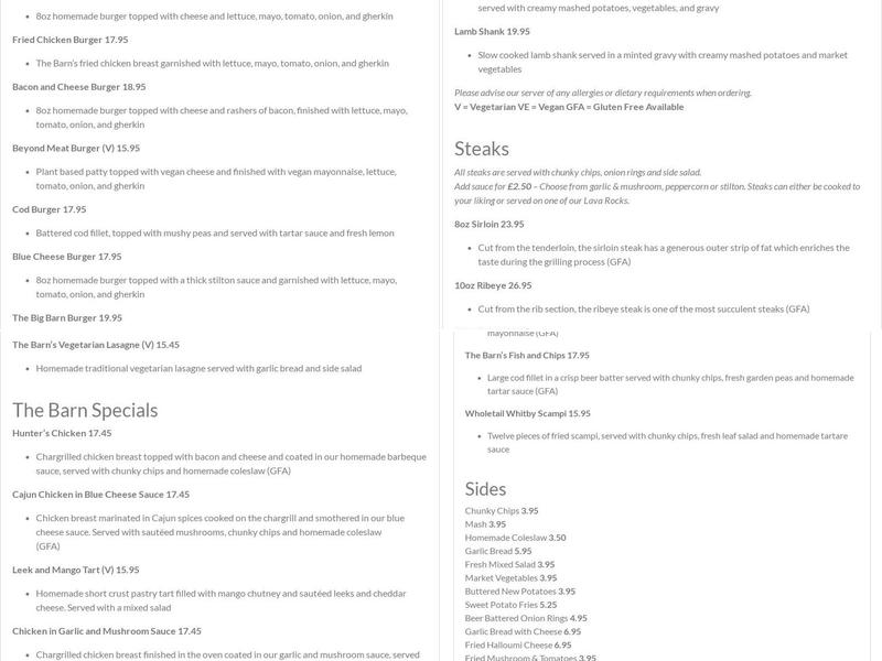 The Barn Restaurant Menu