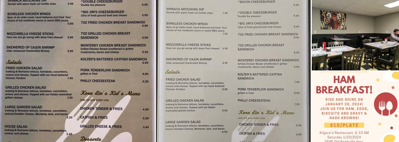 Kilgore's Restaurant Menu
