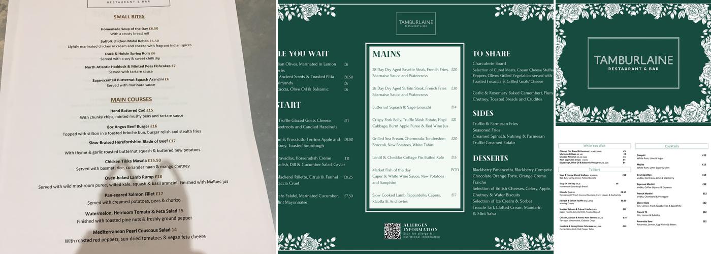 Tamburlaine Restaurant and Bar Menu