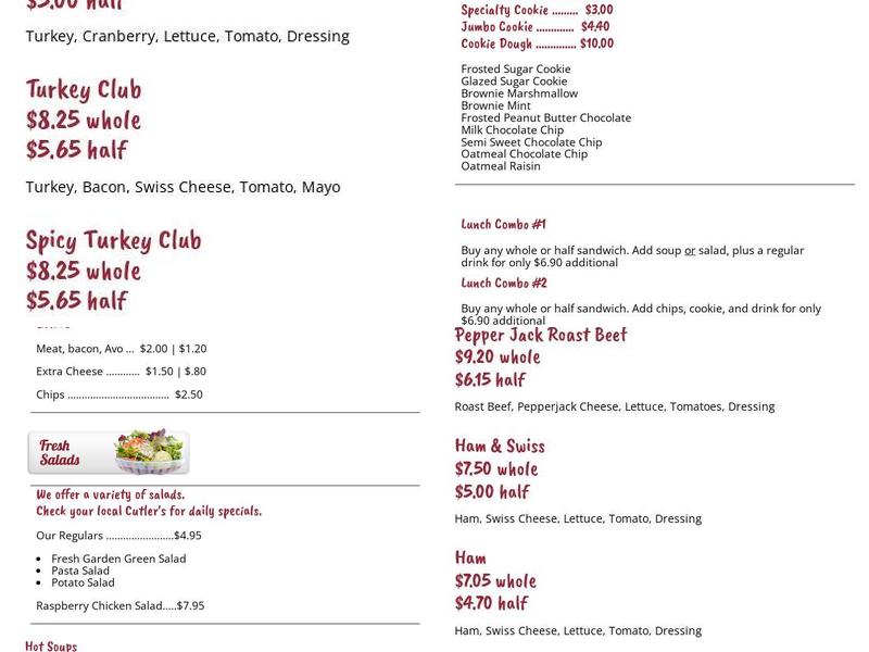 Cutler's Cookies & Sandwiches Menu